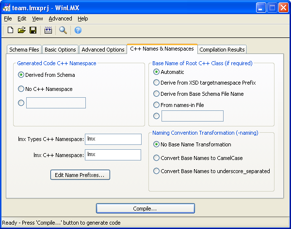 WinLMX XML C++ data binding code generator namespace options