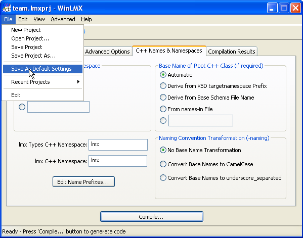 WinLMX XML C++ data binding code generator save default menu